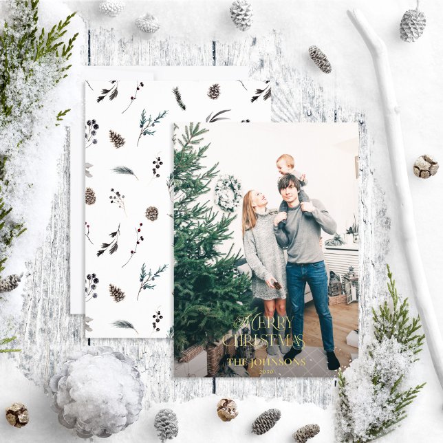 Tarjeta Festiva Con Relieve Metalizado Moderna Feliz Navidad Pinecone Green Gold Photo (Subido por el creador)