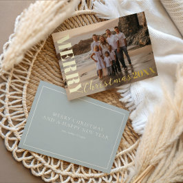 Tarjeta Festiva Con Relieve Metalizado Moderna Feliz Navidad Soft Blue One Photo Gold