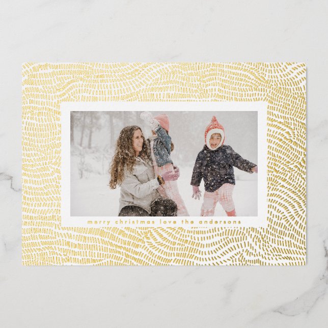 Tarjeta Festiva Con Relieve Metalizado Moderna foto de marco navideño dorado blanco merry (Anverso)