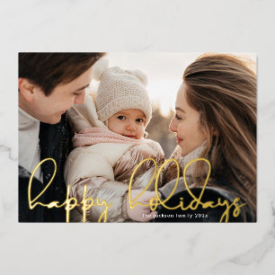 Tarjeta Festiva Con Relieve Metalizado moderna foto de oro escrito a mano "feliz vacacion