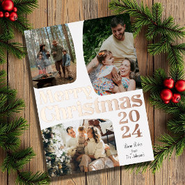 Tarjeta Festiva Con Relieve Metalizado Moderna foto Minimalista de 3 fotos Feliz Navidad