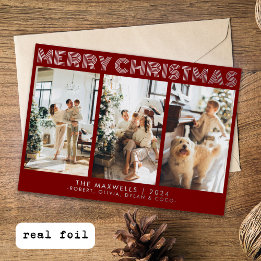 Tarjeta Festiva Con Relieve Metalizado Moderna foto roja de Feliz Navidad