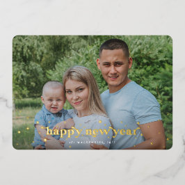 Tarjeta Festiva Con Relieve Metalizado Moderna fuente retro + estrellas feliz foto de año