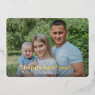 Tarjeta Festiva Con Relieve Metalizado Moderna fuente retro + estrellas feliz foto de año