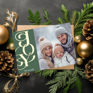 Tarjeta Festiva Con Relieve Metalizado Moderna Joy Elegante Tipografía Foto Mínima Verde