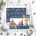 Tarjeta Festiva Con Relieve Metalizado Moderna Marina Azul Merry Navidad Guión Pine Foto<br><div class="desc">Buscando una tarjeta de vacaciones única que realmente destacará? Mira nuestra moderna tarjeta de vacaciones de Relieve metalizado dorado de fotos con guijarros de navidad azul de la Marina de Navidad! Esta hermosa tarjeta contiene tres de tus fotos favoritas en un marco de Relieve metalizado dorado, acentuado por motivos festivos...</div>