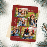 Tarjeta Festiva Con Relieve Metalizado Moderna Paz Alegría Amo Personalizado Collage de c<br><div class="desc">Esta elegante tarjeta de cinco Navidades de collage de fotos presenta tipografía moderna de lectura, PAZ, ALEGRÍA y AMOR en Relieve metalizado de oro real sobre un fondo rojo borgoña (el color puede ser personalizado a cualquier color que quieras). La parte posterior de la tarjeta contiene un patrón de árboles...</div>
