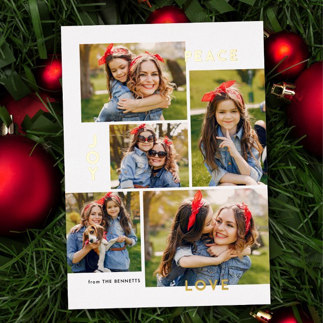 Tarjeta Festiva Con Relieve Metalizado Moderna Paz Alegría Amo Personalizado Collage de c (Subido por el creador)