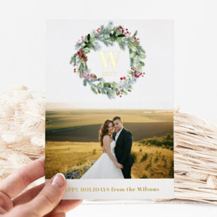 Tarjeta Festiva Con Relieve Metalizado Moderna Wreath floral de la vegetación   Foto Mono