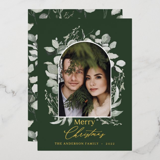 Tarjeta Festiva Con Relieve Metalizado Moderna y elegante foto de gris verde botánico de (Anverso/Reverso)