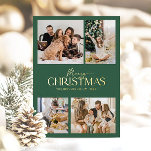 Tarjeta Festiva Con Relieve Metalizado Moderna y elegante foto de la familia Green Merry