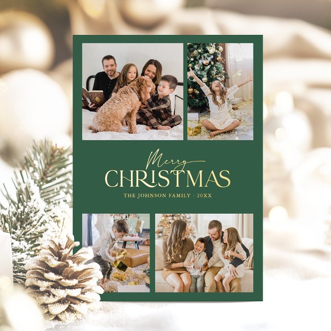 Tarjeta Festiva Con Relieve Metalizado Moderna y elegante foto de la familia Green Merry  (Tastefully modern Merry Christmas photo card with gold foil for an elegant look this Christmas)