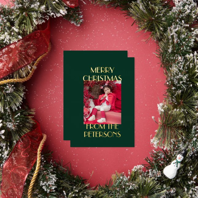 Tarjeta Festiva Con Relieve Metalizado Moderna y elegante foto verde de navidad de Feliz  (in situ)