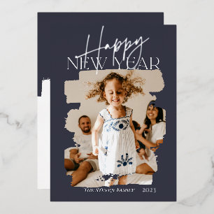 Tarjeta Festiva Con Relieve Metalizado Moderno abstracto feliz año nuevo brusco azul
