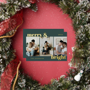 Tarjeta Festiva Con Relieve Metalizado Moderno Alegre y Brillante 3 Foto Verde Navidad