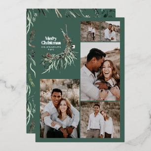 Tarjeta Festiva Con Relieve Metalizado Moderno botánico multi foto acuarela verde salvia