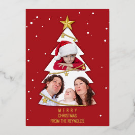 Tarjeta Festiva Con Relieve Metalizado Moderno Collage de fotos de árbol navideño merry r