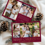 Tarjeta Festiva Con Relieve Metalizado Moderno Collage de fotos de Borgoña navideño<br><div class="desc">Celebre la temporada con la tarjeta de vacaciones Modern Elegant Merry Christmas Burgundy Collage de fotos. Este elegante diseño cuenta con un collage de 5 fotos en la parte delantera, con 4 fotos cuadradas rodeando una imagen más grande en el centro. "Feliz Navidad" está bellamente expuesto en letras de Relieve...</div>