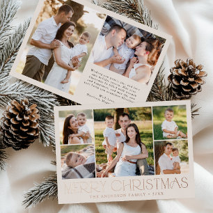 Tarjeta Festiva Con Relieve Metalizado Moderno Collage Fotográfico Navideño Elegante