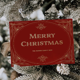 Tarjeta Festiva Con Relieve Metalizado Moderno Deco | Navideño Rojo y Foto de Navidad