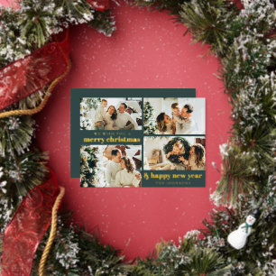 Tarjeta Festiva Con Relieve Metalizado Moderno Elegante 4 Fotos Navidad Minimalista Verde