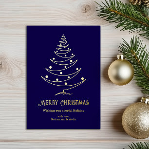 Tarjeta Festiva Con Relieve Metalizado Moderno Feliz Navidad Azul Marino Oro