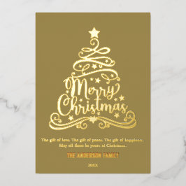 Tarjeta Festiva Con Relieve Metalizado Moderno Feliz Navidad Familia Navidad Árbol de oro