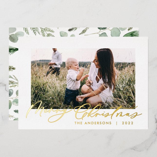 Tarjeta Festiva Con Relieve Metalizado Moderno follaje mínimo 1 guión de foto Relieve met (Anverso/Reverso)