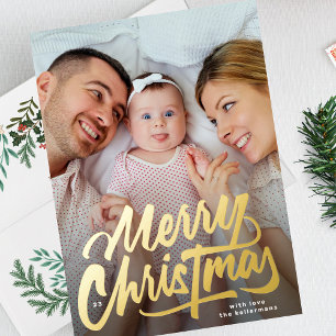 Tarjeta Festiva Con Relieve Metalizado moderno GRAN LETRA ORO Navidad