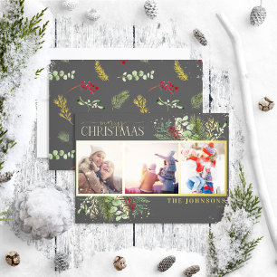 Tarjeta Festiva Con Relieve Metalizado Moderno Gris oscuro Feliz Navidad Guión Pino Foto