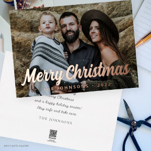 Tarjeta Festiva Con Relieve Metalizado Moderno guión cursivo simple Saludo Foto de famili
