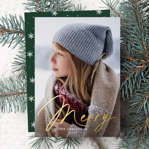 Tarjeta Festiva Con Relieve Metalizado Moderno guión de firma de merry foto verde