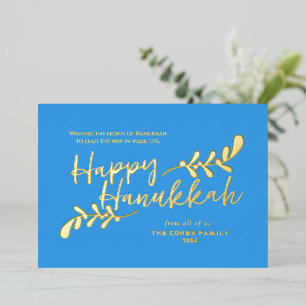 Tarjeta Festiva Con Relieve Metalizado Moderno Hanukkah de 3 Fotos con Letra a Mano Feliz