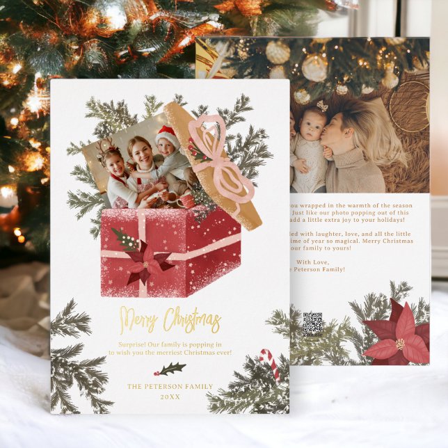 Tarjeta Festiva Con Relieve Metalizado Moderno ilustracion navideño divertido 2 fotos (Modern merry Christmas illustration fun 2 photos Foil Holiday Card)
