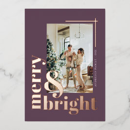 Tarjeta Festiva Con Relieve Metalizado Moderno Merry & Bright Foto Lavanda Navidad