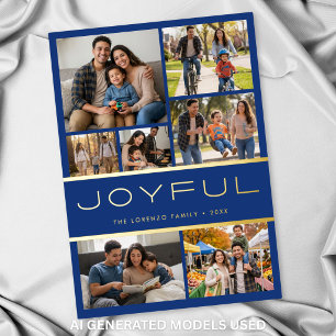 Tarjeta Festiva Con Relieve Metalizado Moderno Minimal Azul 7 Foto Collage Alegre