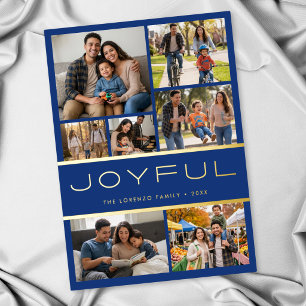 Tarjeta Festiva Con Relieve Metalizado Moderno Minimal Azul 7 Foto Collage Alegre