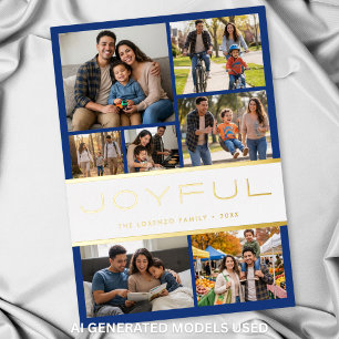 Tarjeta Festiva Con Relieve Metalizado Moderno Minimal Azul Blanco 7 Colaje de Fotos Aleg