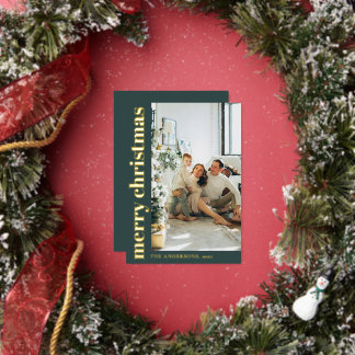 Tarjeta Festiva Con Relieve Metalizado Moderno Minimalista Foto Verde Feliz Navidad