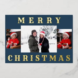 Tarjeta Festiva Con Relieve Metalizado Moderno Mínimo Fotos de la Familia Feliz Navidad,