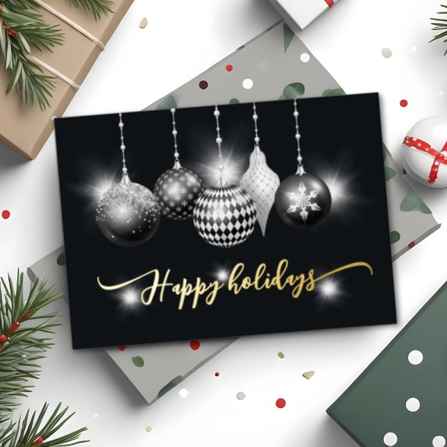 Tarjeta Festiva Con Relieve Metalizado Moderno Ornamentos Negros y Blancos Xmas Business (Modern Black and White Ornaments Xmas Business Foil Holiday Card)