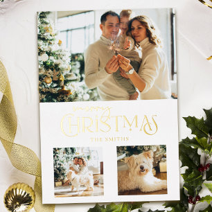 Tarjeta Festiva Con Relieve Metalizado Moderno Oro Feliz Navidad Typografía 3-Foto