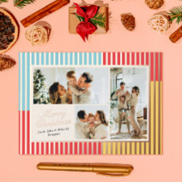 Tarjeta Festiva Con Relieve Metalizado Moderno Rojo Azul y Amarillo rayado 3 foto