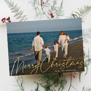Tarjeta Festiva Con Relieve Metalizado Moderno Simple Dorado Foto Feliz Navidad