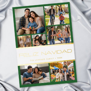Tarjeta Festiva Con Relieve Metalizado Moderno Verde Blanco 7 Feliz Navidad Collage de Fo