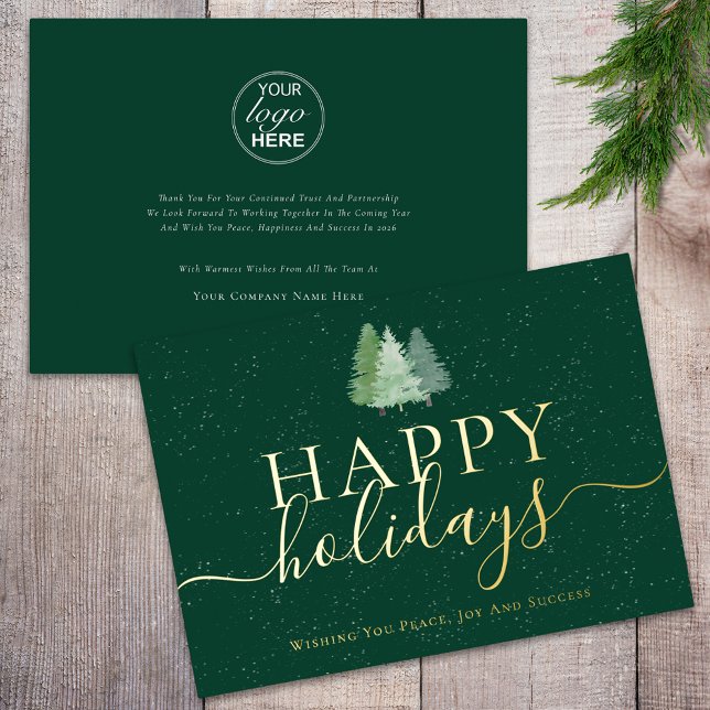 Tarjeta Festiva Con Relieve Metalizado Moderno Woodland Nieve Felices Fiestas Logo de neg (Modern happy holidays snowy woodland fir trees business logo christmas green and gold foil card)