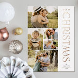 Tarjeta Festiva Con Relieve Metalizado Moderno y elegante Navidad de cinco Collages de fo<br><div class="desc">¡Envíe hermosos saludos de vacaciones con estas 5 tarjetas de Navidades de collage de fotos! Presentan cinco plantillas de fotos a la izquierda de la tarjeta, con tipografía moderna y elegante a la derecha, que leen "Feliz Navidad" en Relieve metalizado real (disponible en oro, oro rosa y plata). La parte...</div>