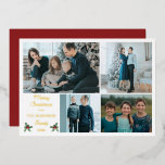 Tarjeta Festiva Con Relieve Metalizado Moderno y simple Feliz Minimalista Navidad 4 Foto<br><div class="desc">Diseño "Familiar" moderno y minimalista de "Feliz Navidad" que incluye tu collage de fotos de cuatro fotos y tu nombre familiar y el año en Relieve metalizado oro real sobre fondo blanco. La parte posterior presenta un fondo rojo de berry oscuro editable. Diseño compuesto por Holiday Hearts Designs (derechos reservados)...</div>