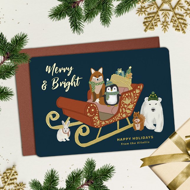 Tarjeta Festiva Con Relieve Metalizado Modernos amigos animales y Navidades de Sleigh (Subido por el creador)