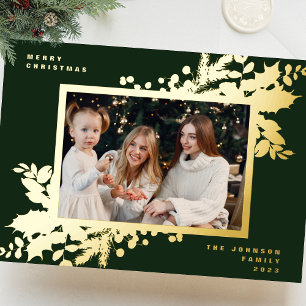 Tarjeta Festiva Con Relieve Metalizado Modernos Navidades verdes marco botánico de foto d